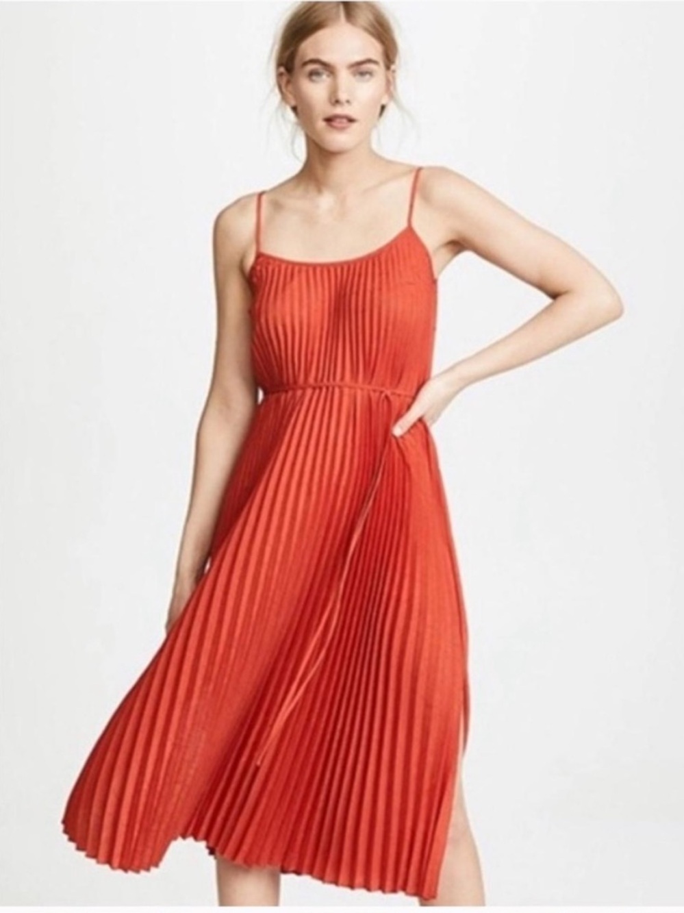 VINCE Women Crinkled Plisse Crepe Midi Dress Pleated Cami Slip Midi Length Dress